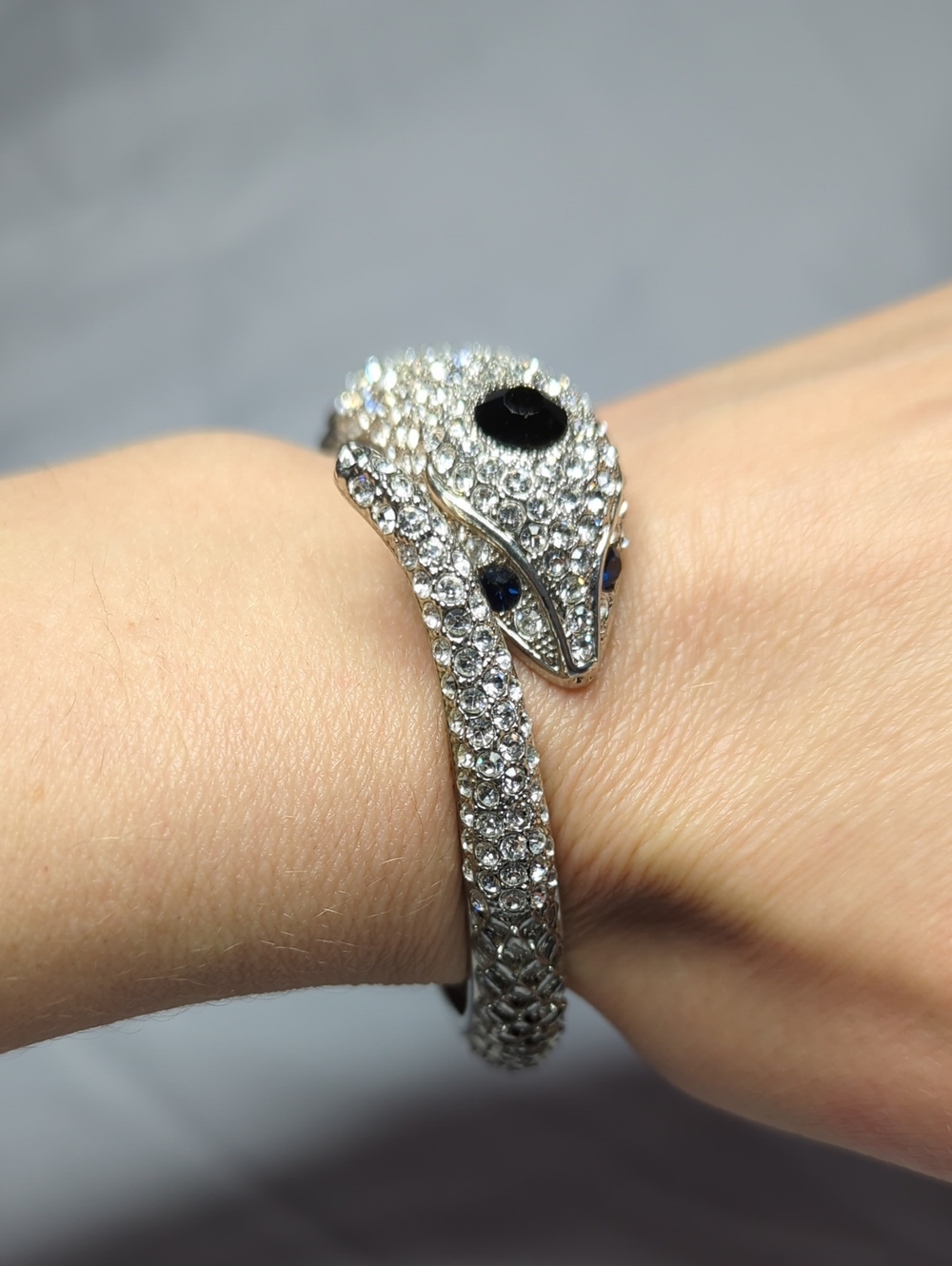 Silver Crystal Snake Bangle Bracelet - Reptile Jewelry
